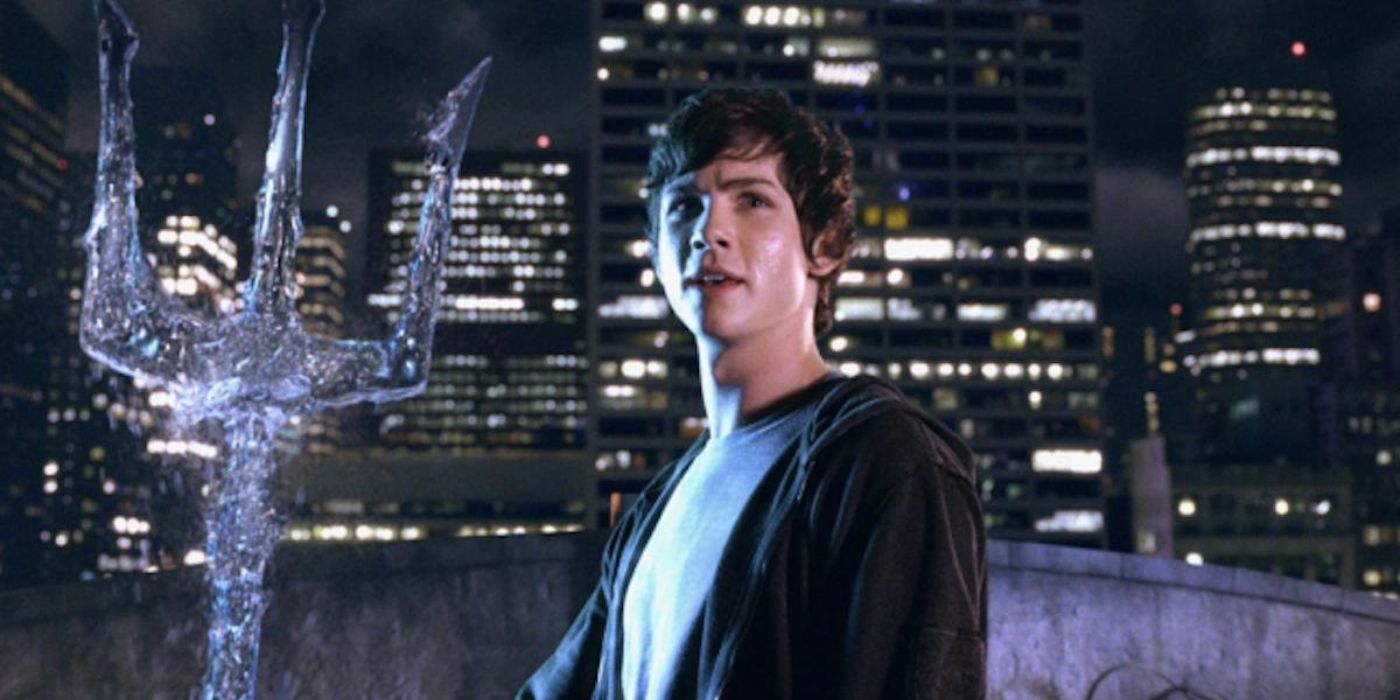 Logan Lerman as Percy Jackson holding a water trident in 'Percy Jackson and the Lightning Thief' (2010)