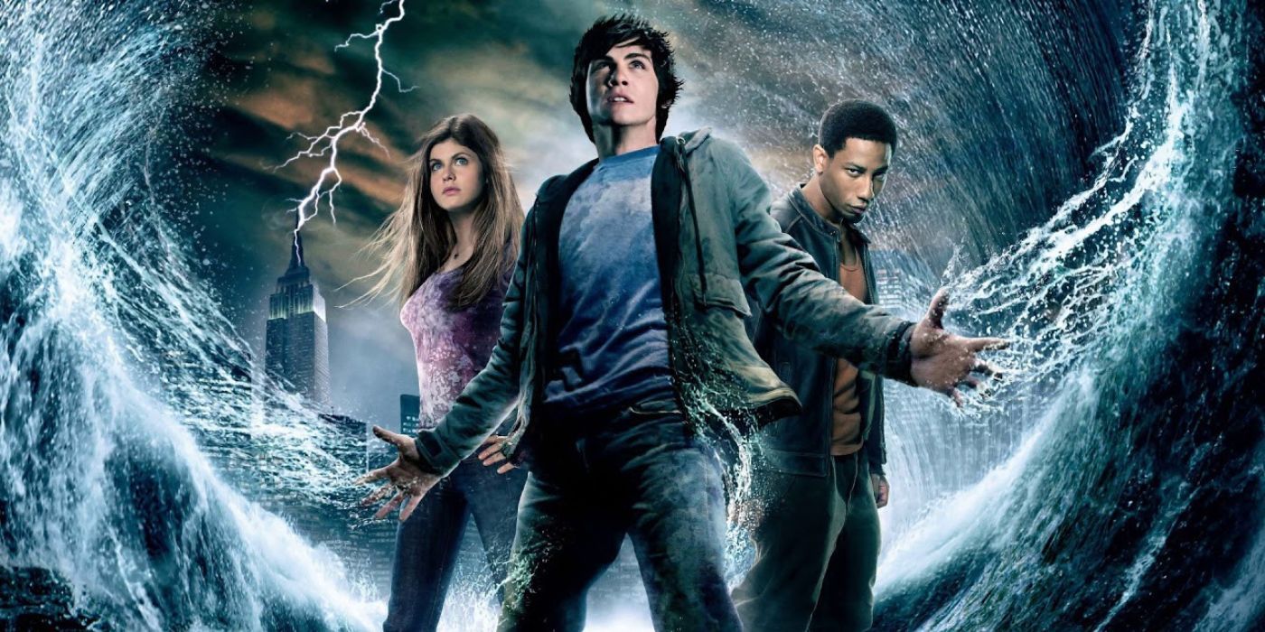 Logan Lerman as Percy Jackson summoning water around him, Annabeth (Alexandra Daddario), and Grover (Brandon T. Jackson) in promotional image for 'Percy Jackson and the Lightning Thief' (2010)