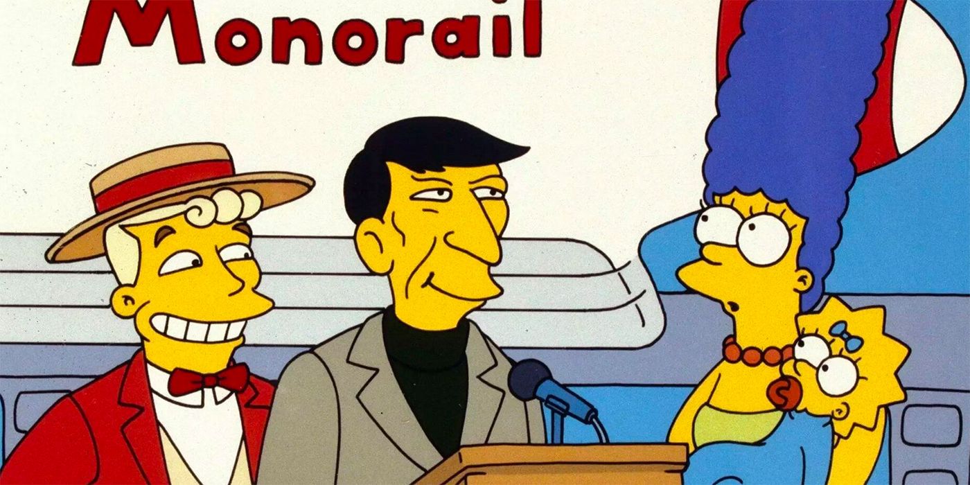 Lyle Lanley with Leonard Nimoy and Marge holding Maggie in The Simpsons episode "Marge vs The Monorail"