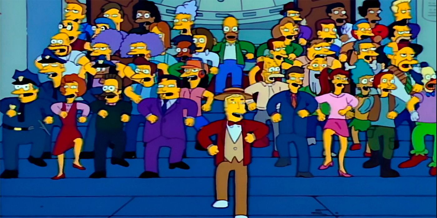 Os habitantes da cidade de Springfield dançando no episódio Os Simpsons 
