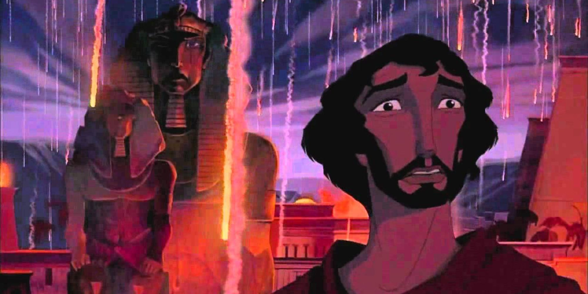 Moses stares in horror as rains of flaming ice devastate the Sphinx in the background