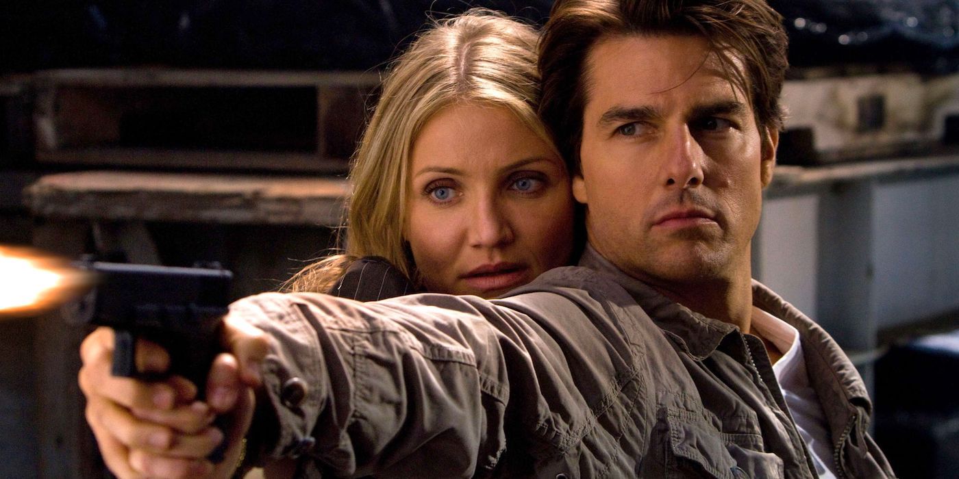 Tom Cruise as Matthew Knight and Cameron Diaz as June Havens firing a gun in Knight and Day