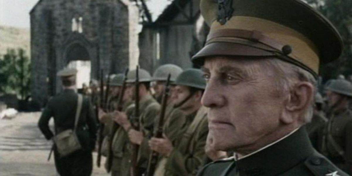 General Kalthrob, played by Kirk Douglas, stands with his men in the Tales From the Crypt episode "Yellow."