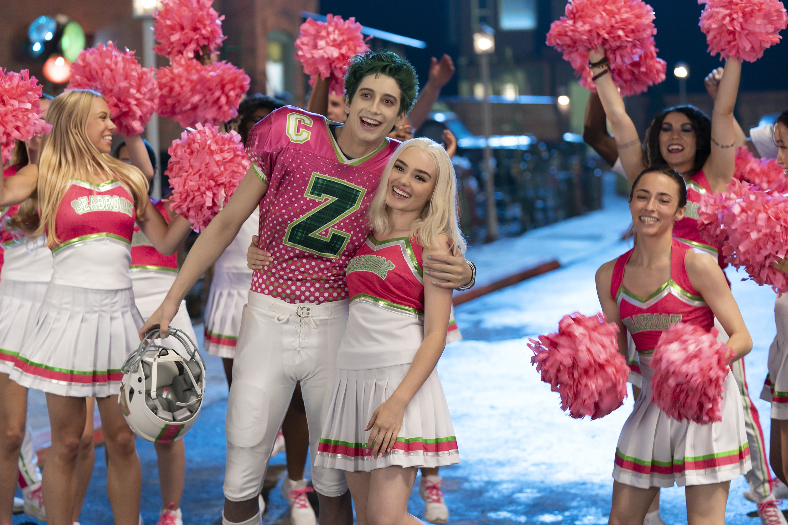 zombies 3 disney cheerleaders and football players in pink and green
