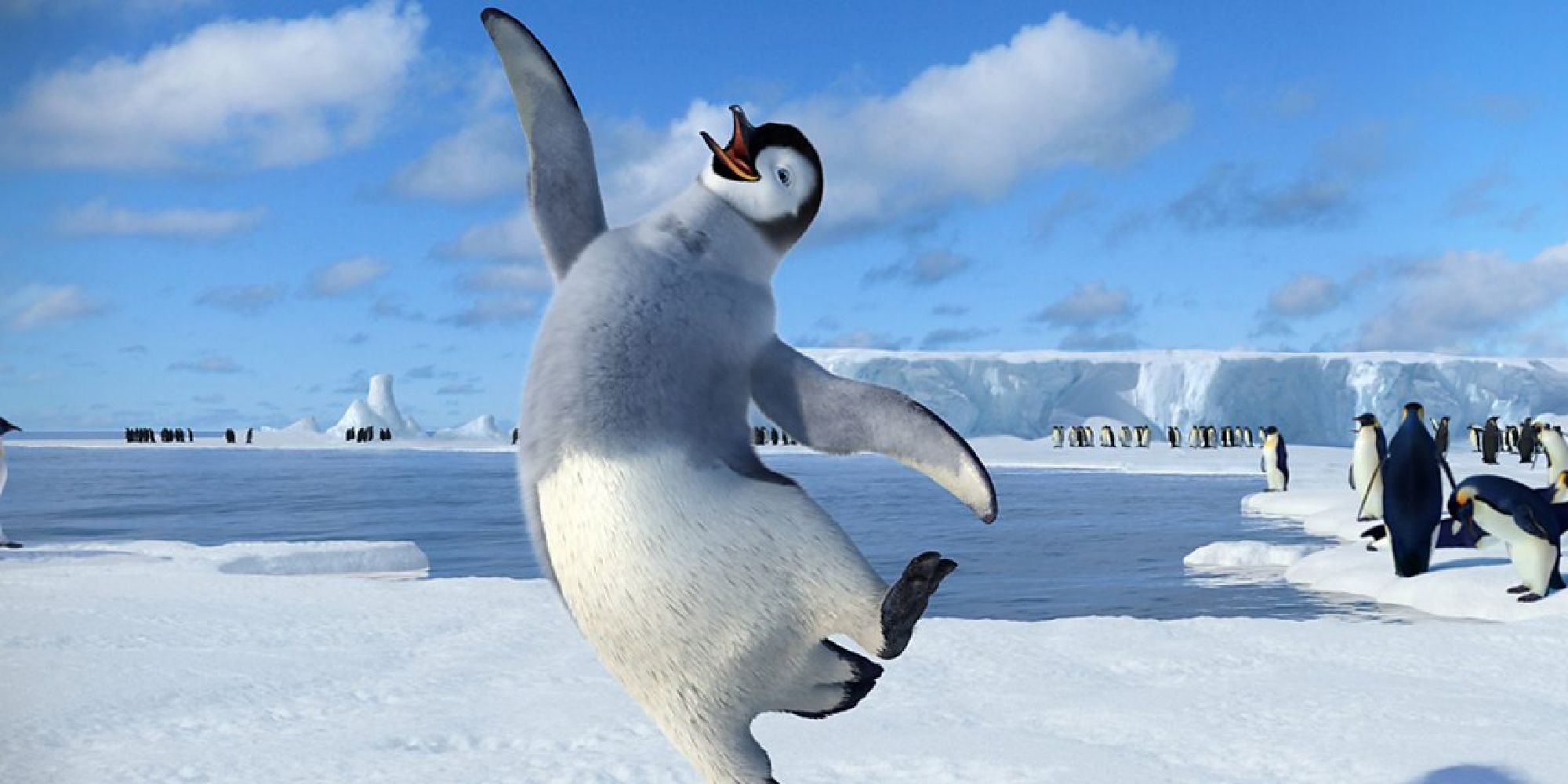 Penguin animasi yang gembira melompat di 'Happy Feet'