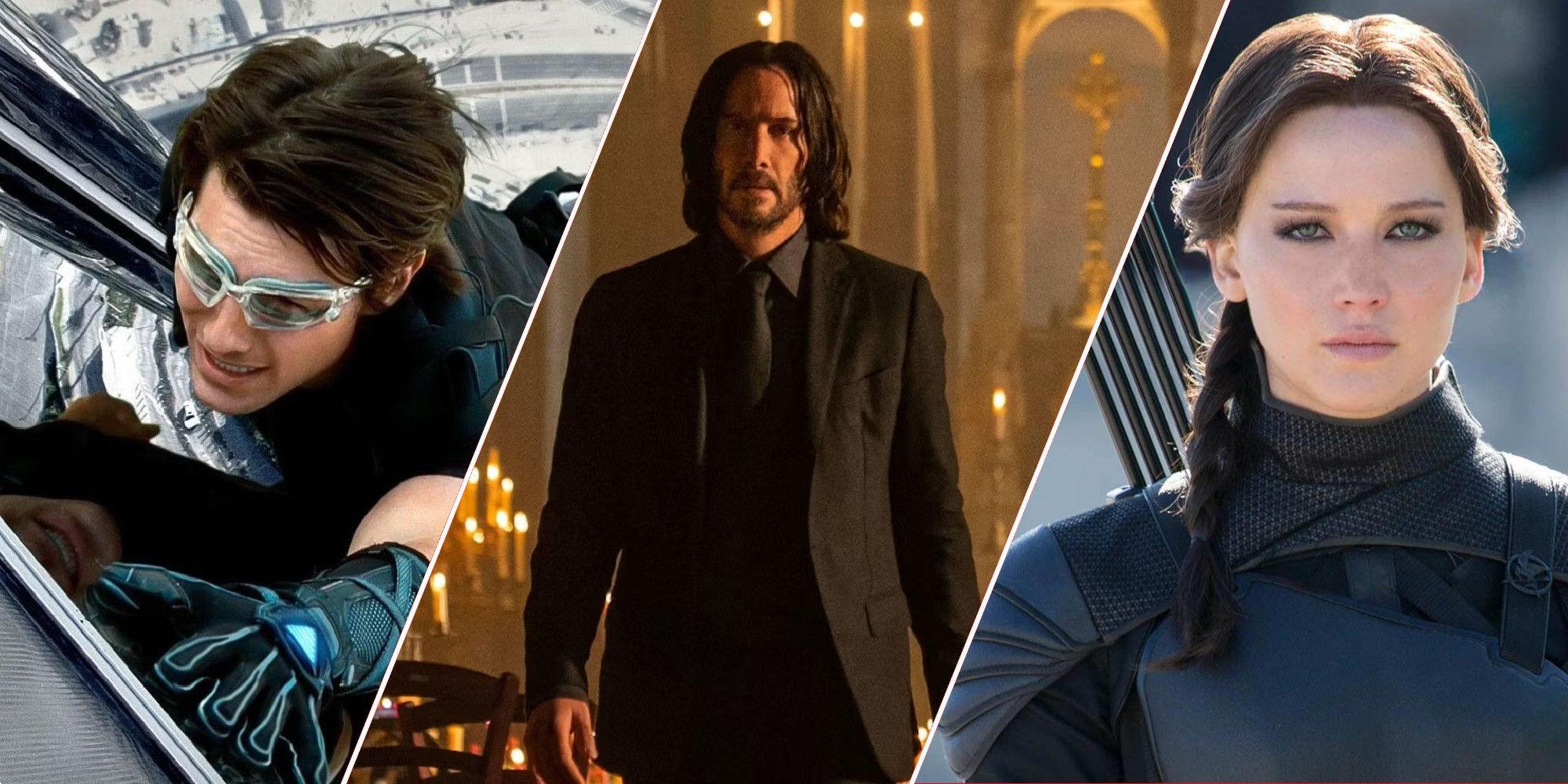 Image for the article 'John Wick: Chapter 4' & Action Franchises that Reached their 4th installment, featuring stills from Mission Impossible: Ghost Protocol, John Wick: Chapter 4, and The Hunger Games: Mockingjay - Part 2