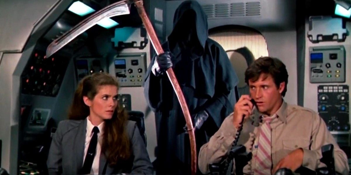 Two pilots in a cockpit are looked over by the grim reaper.