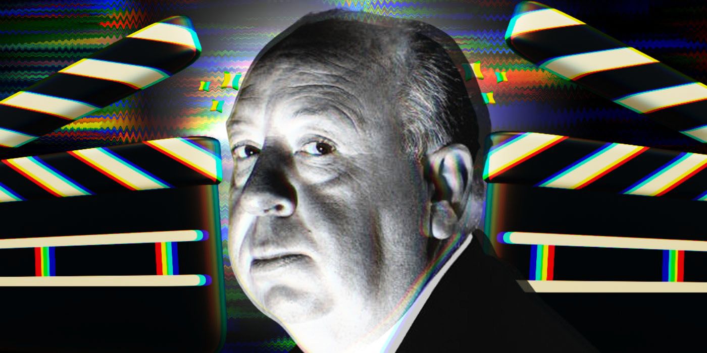 British director Alfred Hitchcock against a technicolor backgrounc with two movie clapperboards