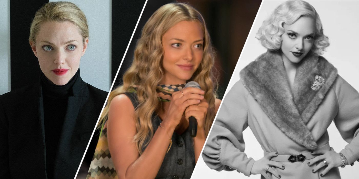 Split image showing Amanda Seyfried in The Dropout, Mamma Mia! Here We Go Again, and Mank