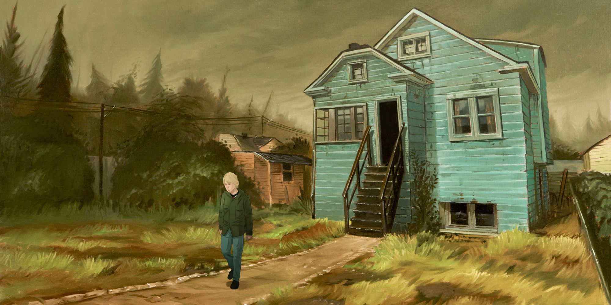 Une image animée de Kurt Cobain quittant une maison dans 'Cobain Montage of Heck'.