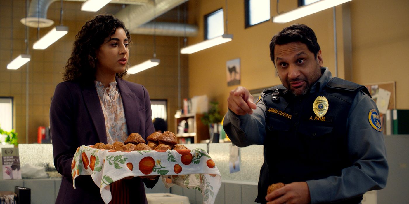 Vella Lovell and Ravi Patel talk muffins in a scene from Animal Control on Fox