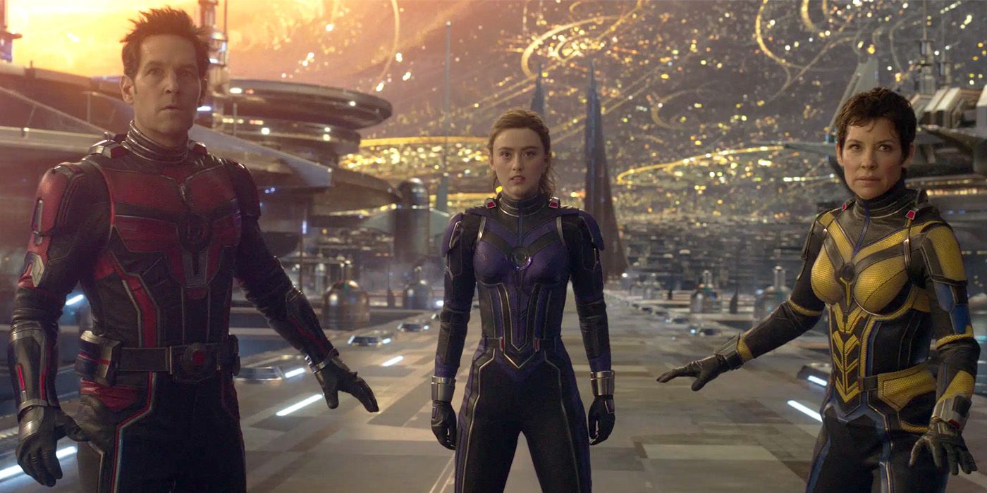 Paul Rudd, Kathryn Newton, and Evangeline Lilly in a scene from Ant-Man and the Wasp: Quantumania 