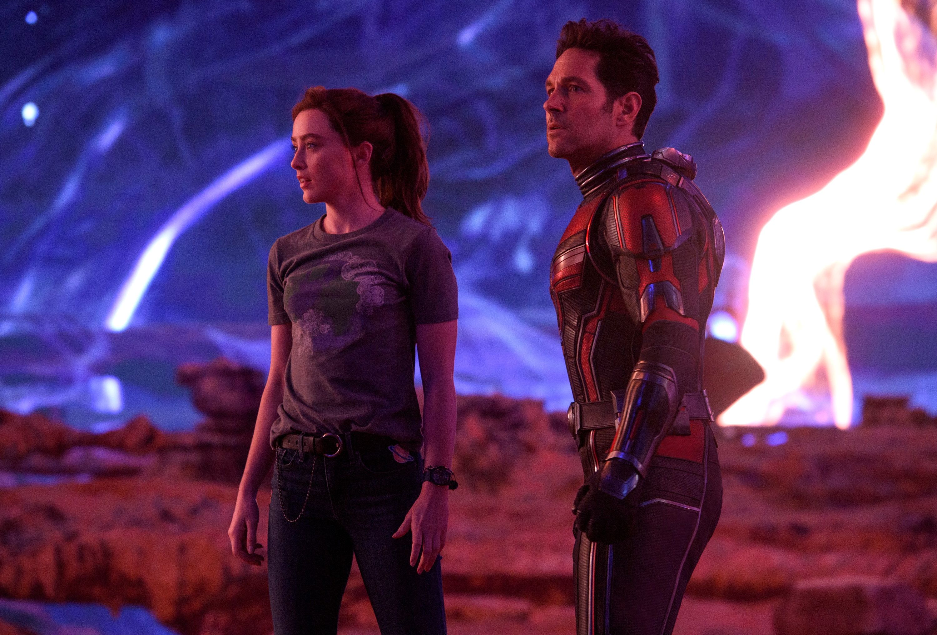 Paul Rudd as Scott Lang and Kathryn Newton as Cassie Lang in the Quantum Realm in Ant-Man and The Wasp: Quantumania