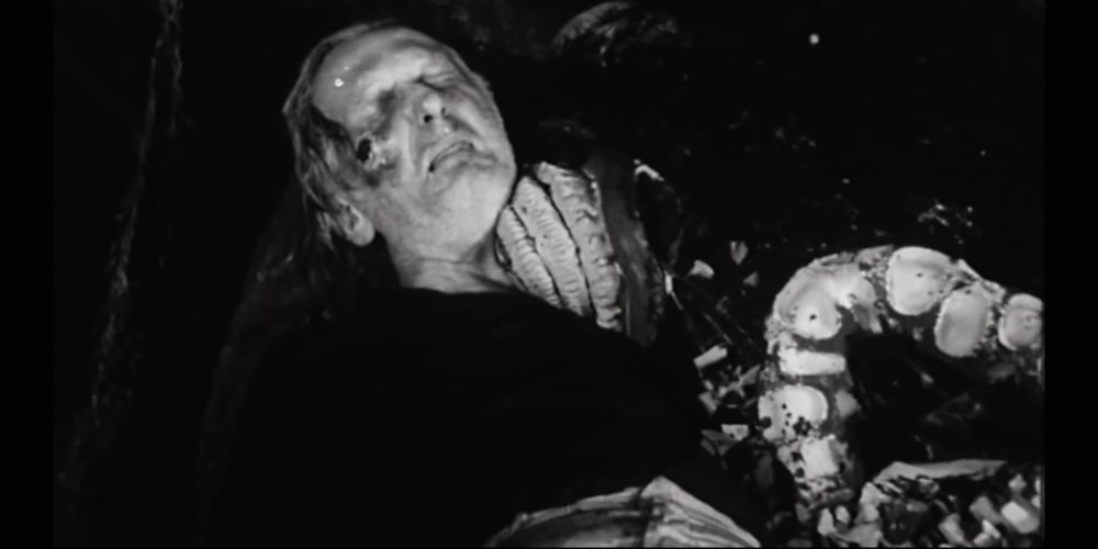 Une sangsue suçant le cou d'un homme dans L'attaque des sangsues géantes, 1959.