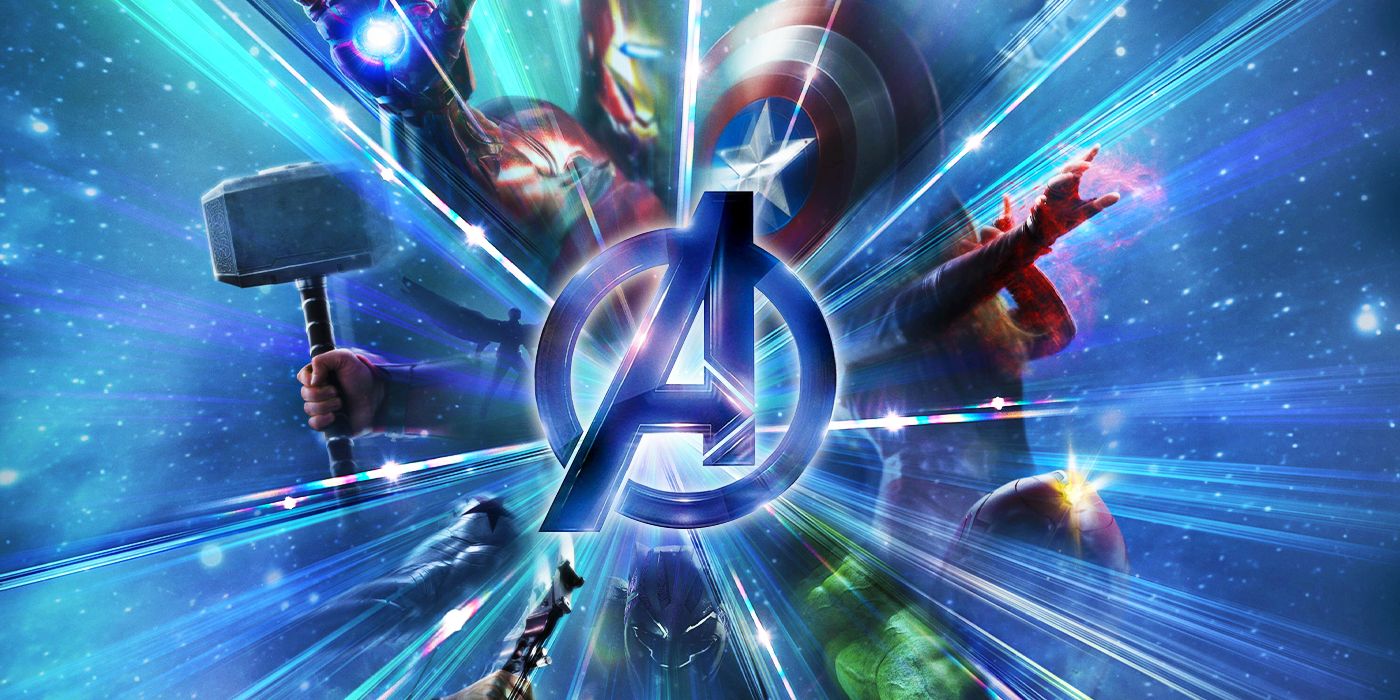 The avengers logo with various hero elements around it 