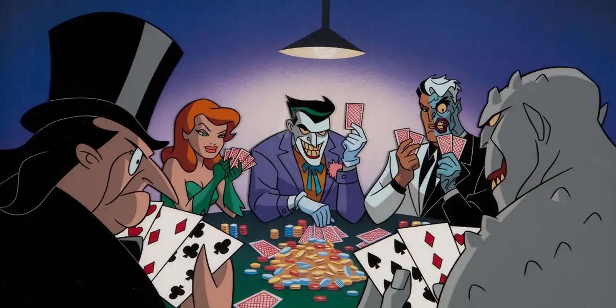 animated supervillains playing poker