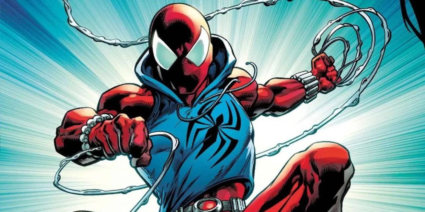 Ben Reilly's Scarlet Spider wearing his iconic blue hoodie costume in the Marvel Comics