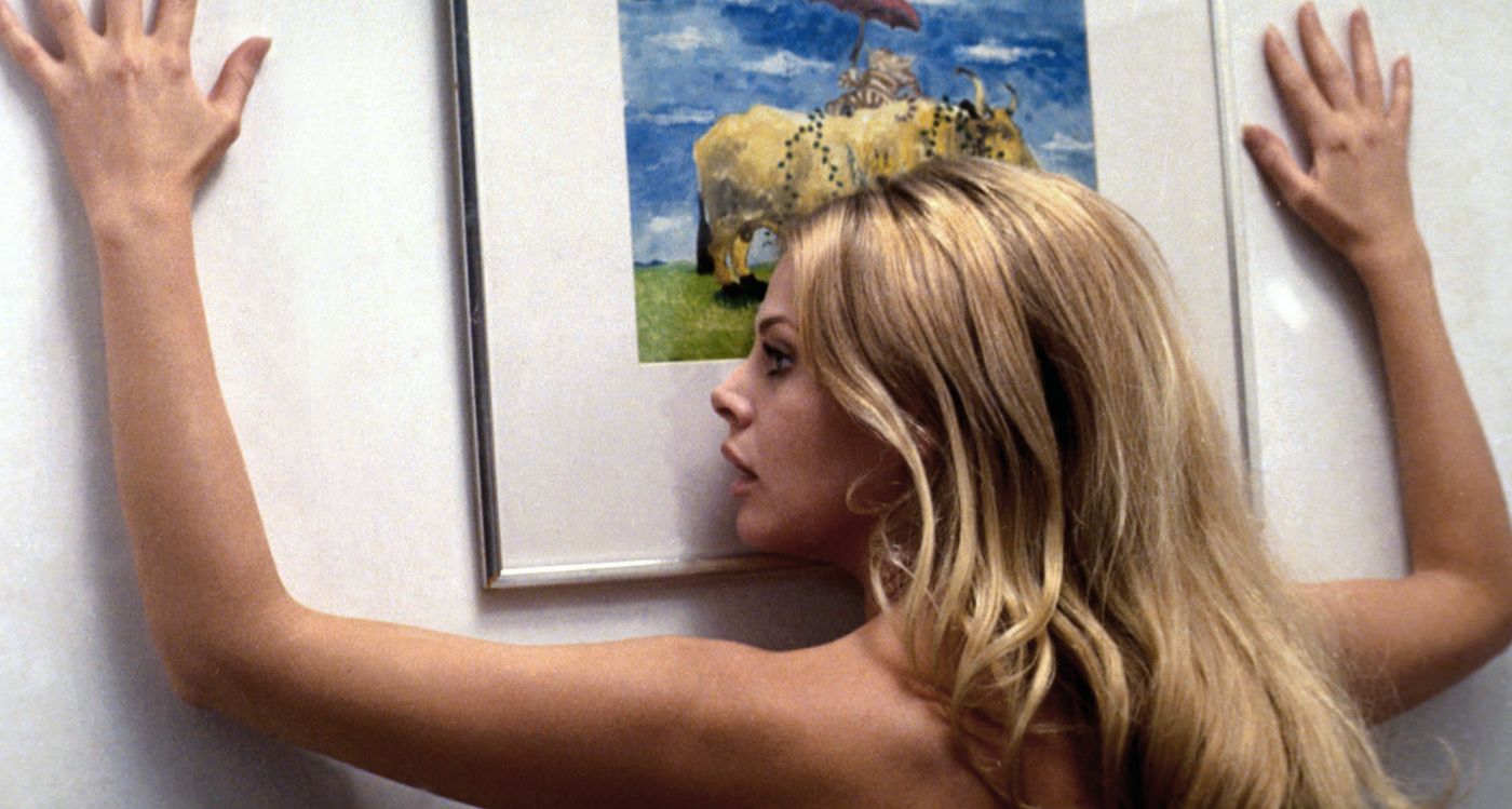 Britt Ekland as Willow up against a wall in The Wicker Man