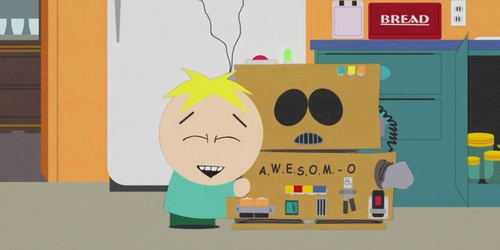 Butters hugs Awesom-O, a robot made from cardboard boxes, in South Park
