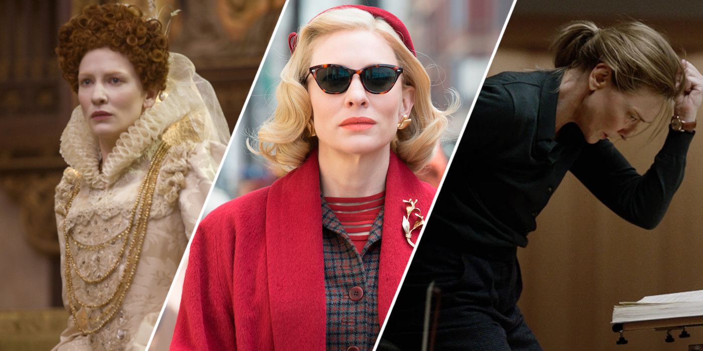 Split image showing Cate Blanchett in Elizabeth The Golden Age, Carol, and TÁR
