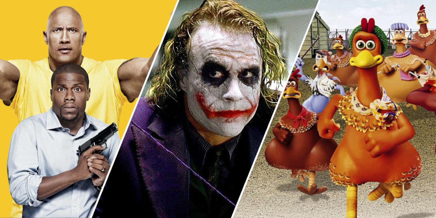 Split image showing characters from Central Intelligence, The Dark Knight, and Chicken Run