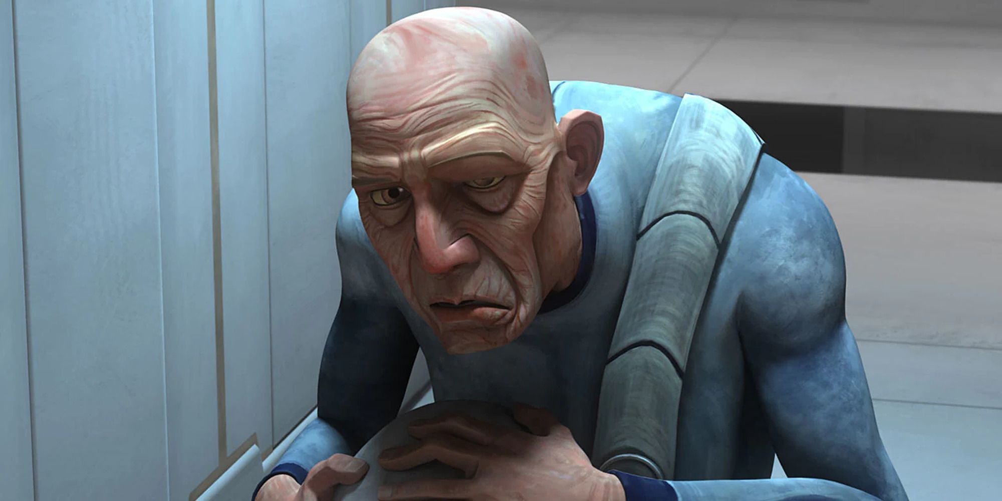 An old, malformed Clone Trooper facing the camera