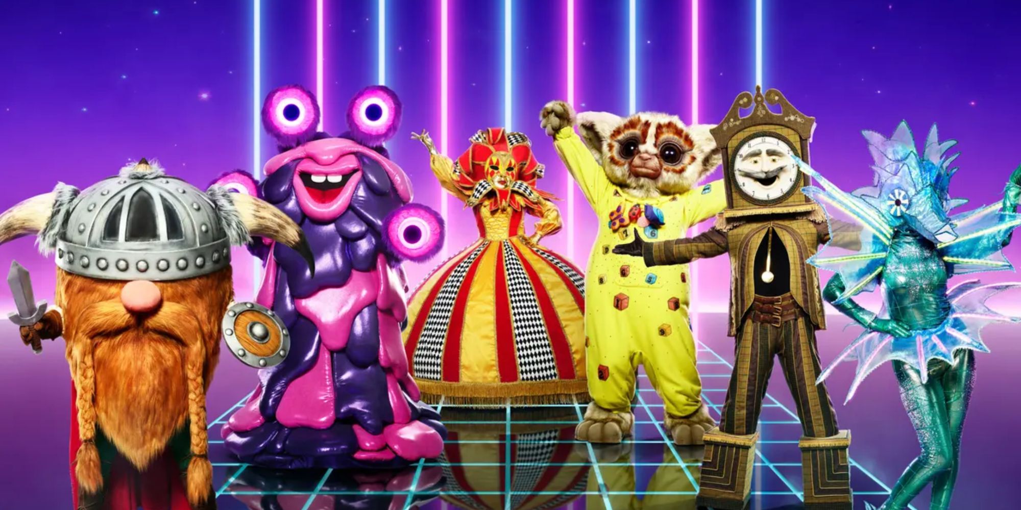 Charicature/mascots from the masked singer including a seahorse, a grandfather clock, a viking, and various silly creatures