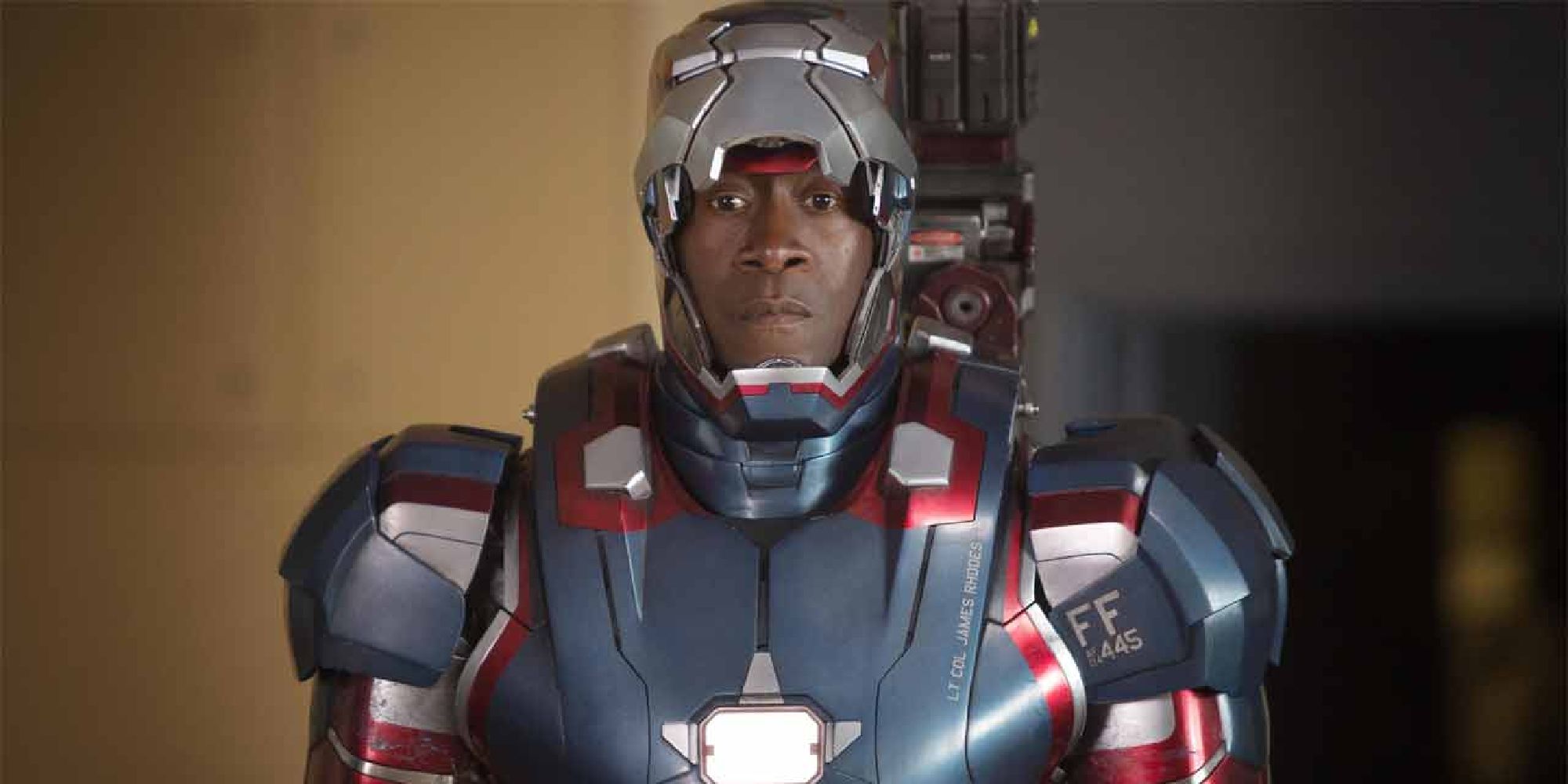 Don Cheadle with his War Machine costume in 'Iron Man 3'