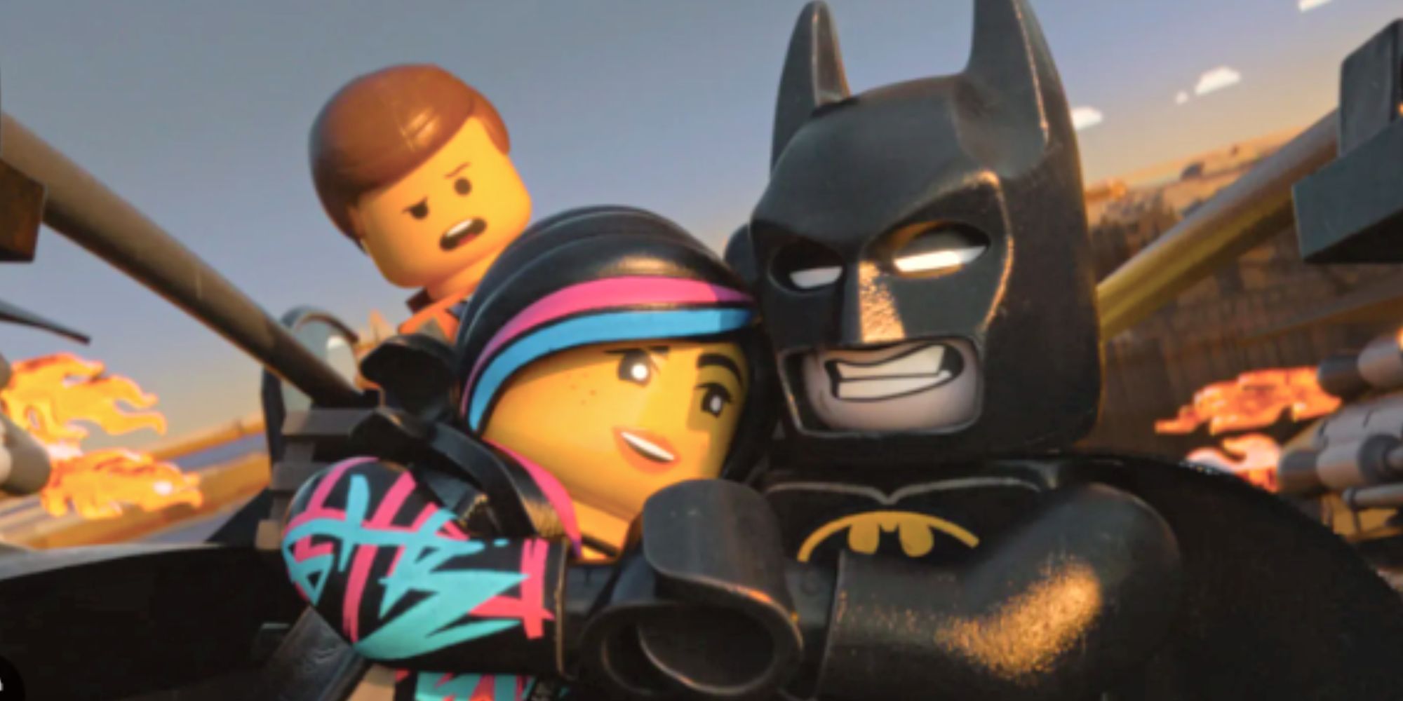 Elizabeth Banks as Wyldstyle/Lucy, Will Arnett as Batman and Chris Pratt as Emmet in The LEGO Movie