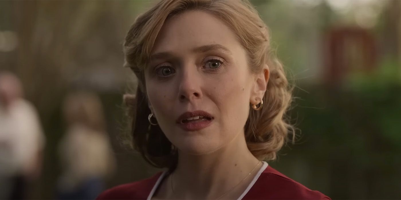 Elizabeth Olsen looking surprised and sad in Love & Death