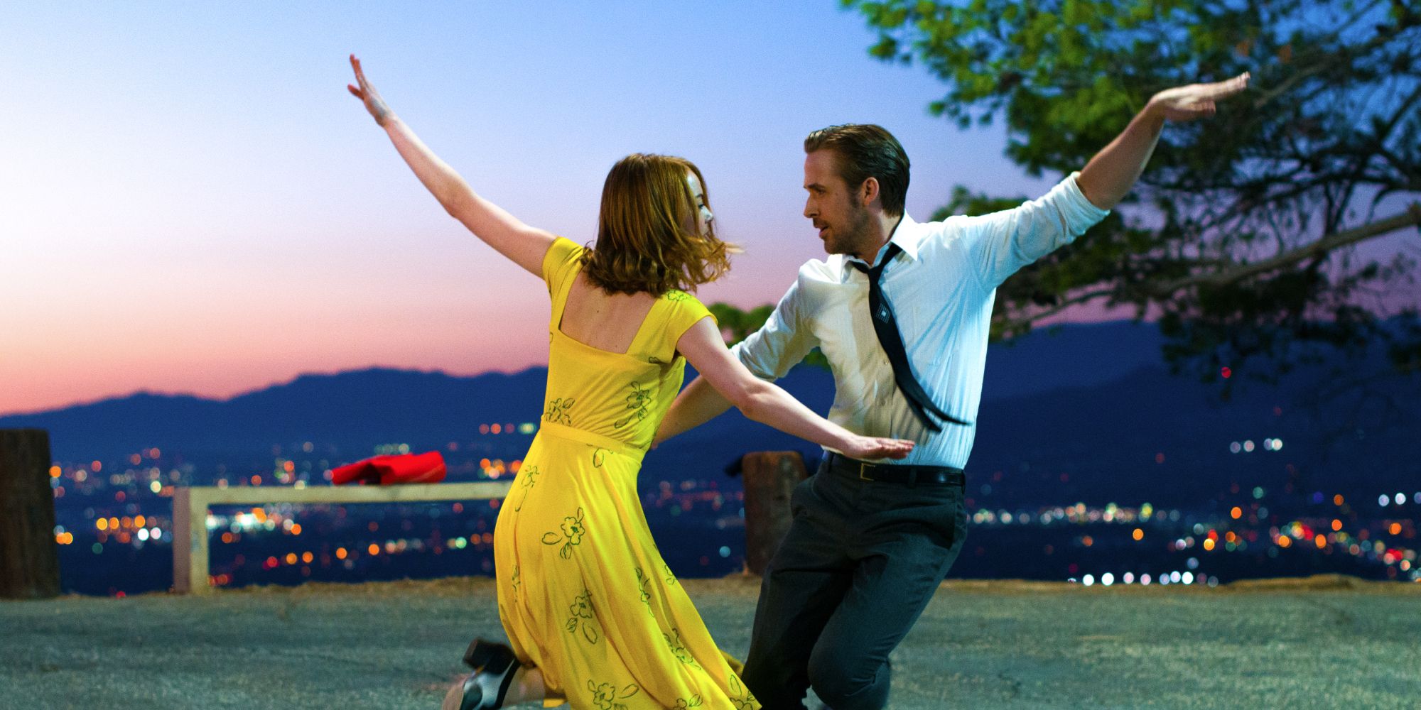 Emma Stone and Ryan Gosling dancing together in the 