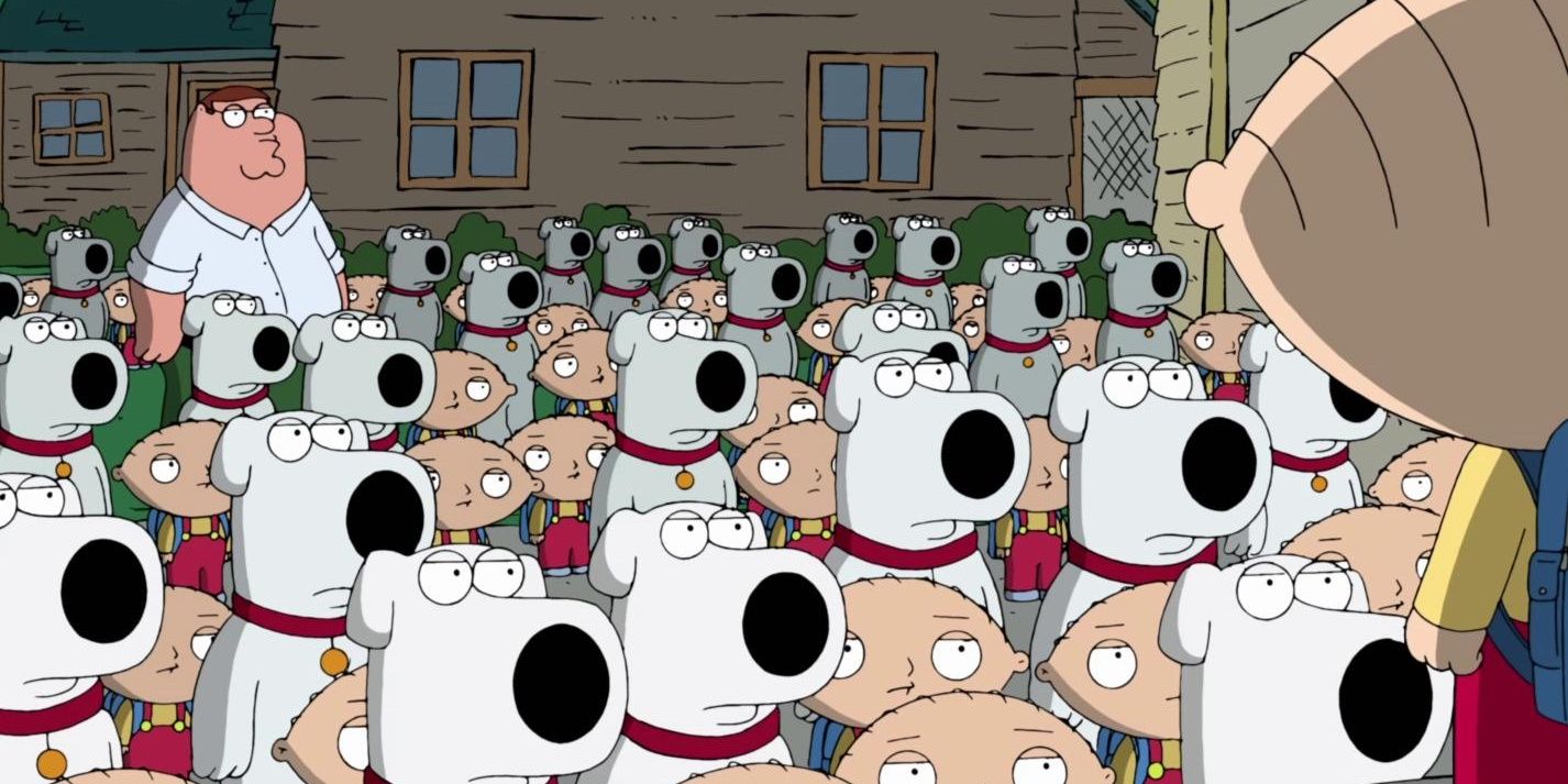 A gathering of Stewies and Brians, plus one Peter, in Family Guy