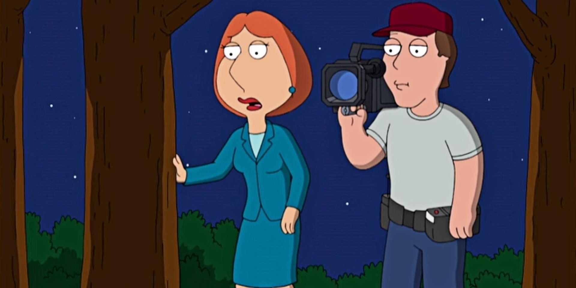 Lois and a cameraman watching somebody in Family Guy