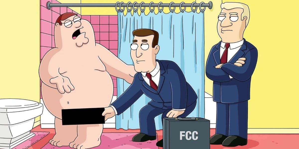 The FCC holding a censor bar over Peter's groin in Family Guy