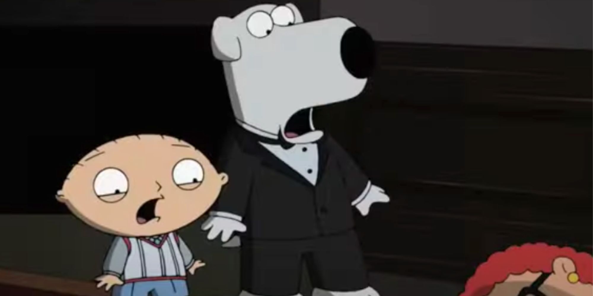 Brian and Stewie shocked in the Family Guy episode Then There Were Fewer