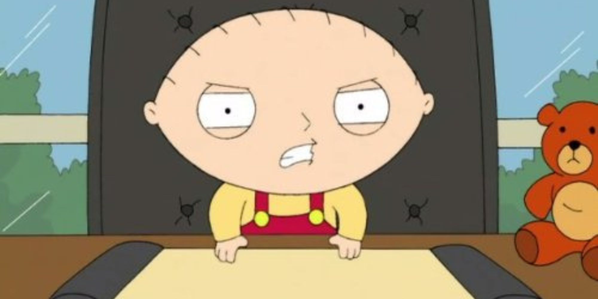 Stewie duduk di meja marah di Family Guy