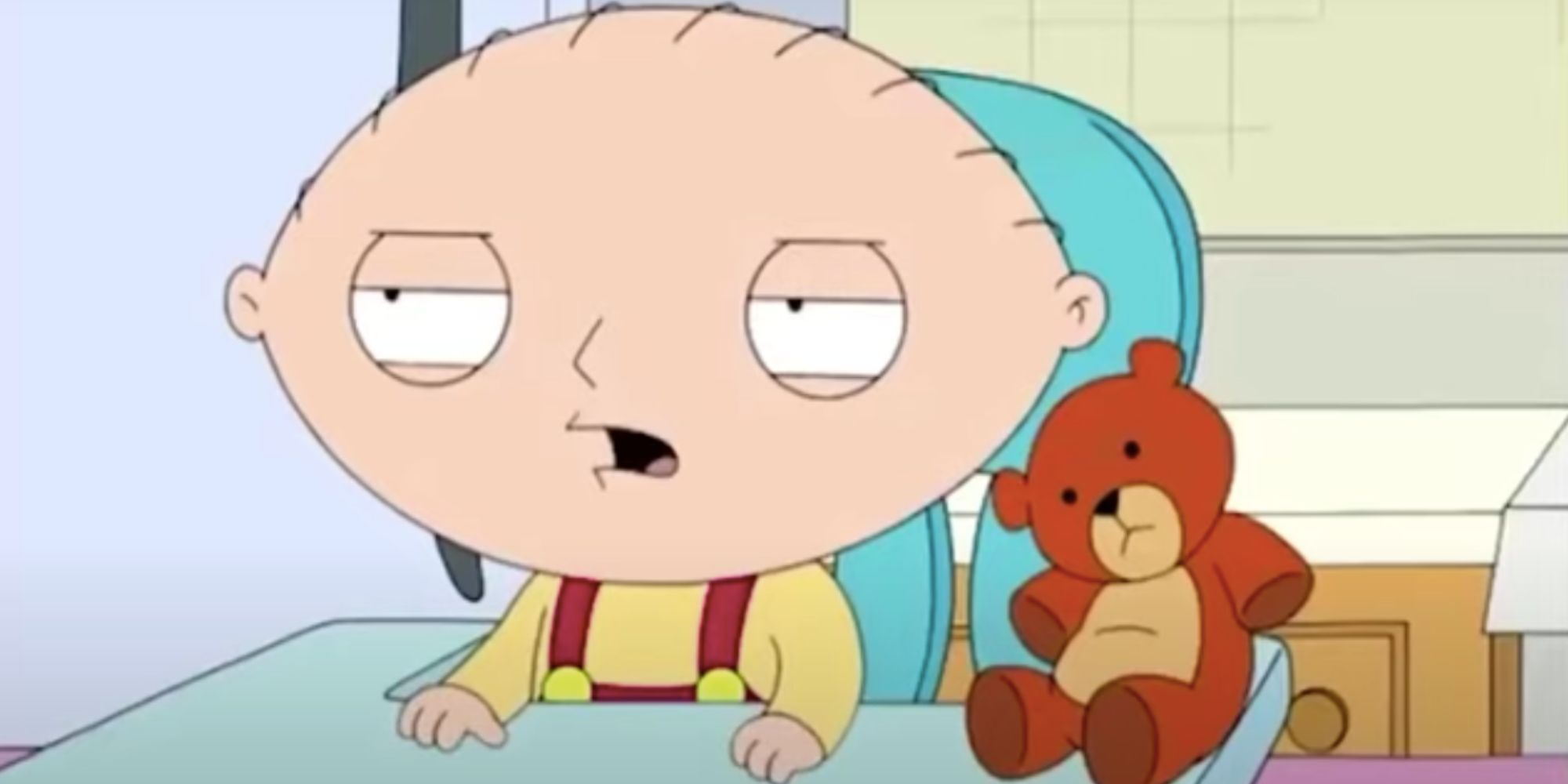 Stewie duduk di kursi tingginya di Family Guy episode Baby Not on Board