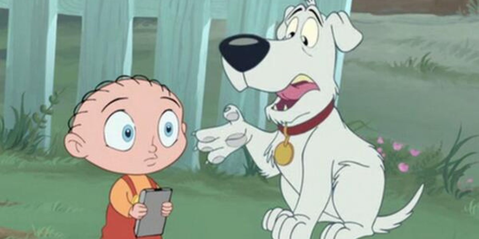 Stewie listening to Brian in Family Guy episode Road to the Multiverse