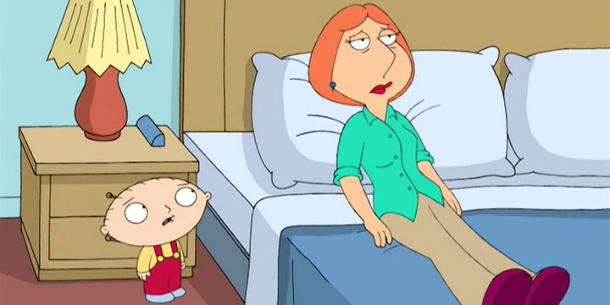 Stewie berteriak pada Lois yang sedang berbaring di tempat tidur Pria keluarga episode Stewie Loves Lois