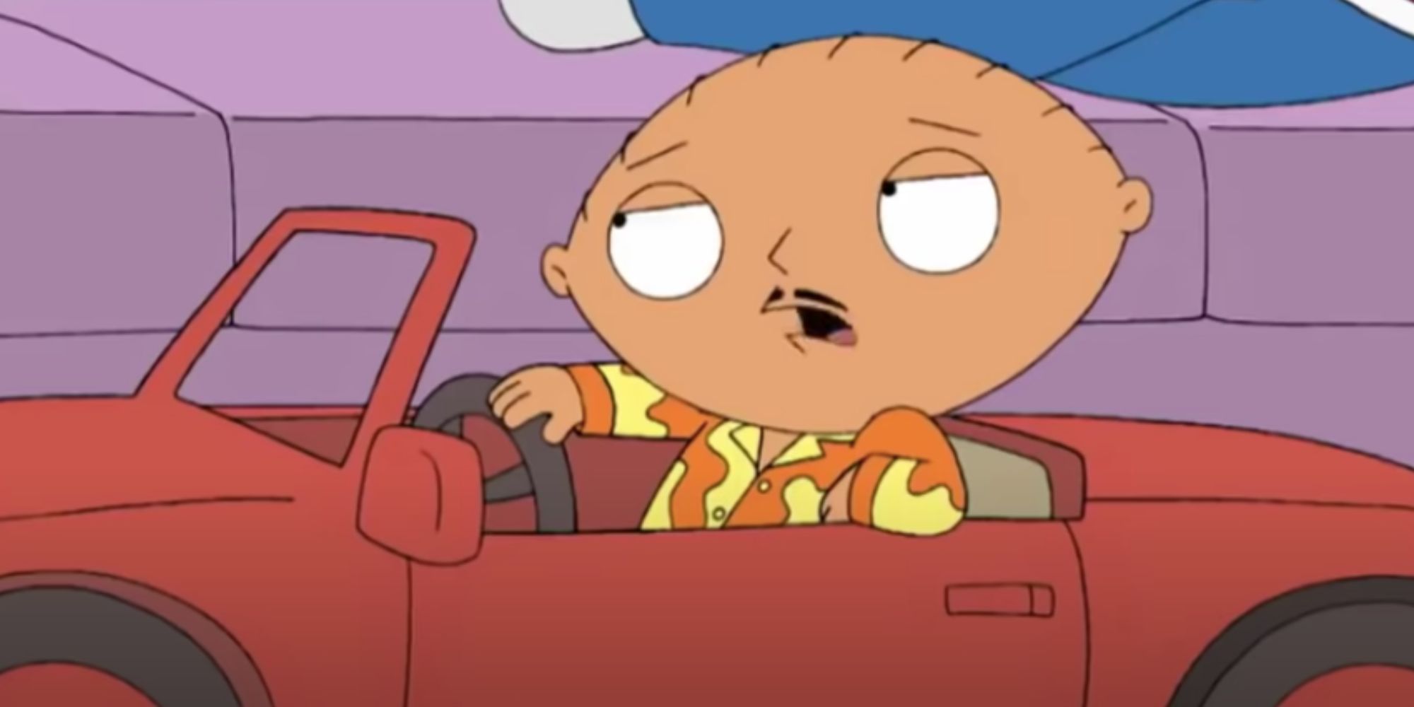Stewie in a toy car in Family Guy episode The Tan Aquatic with Steve Zissou