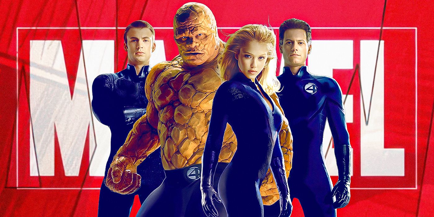 The cast of 2005's Fantastic Four in front of a Marvel Banner