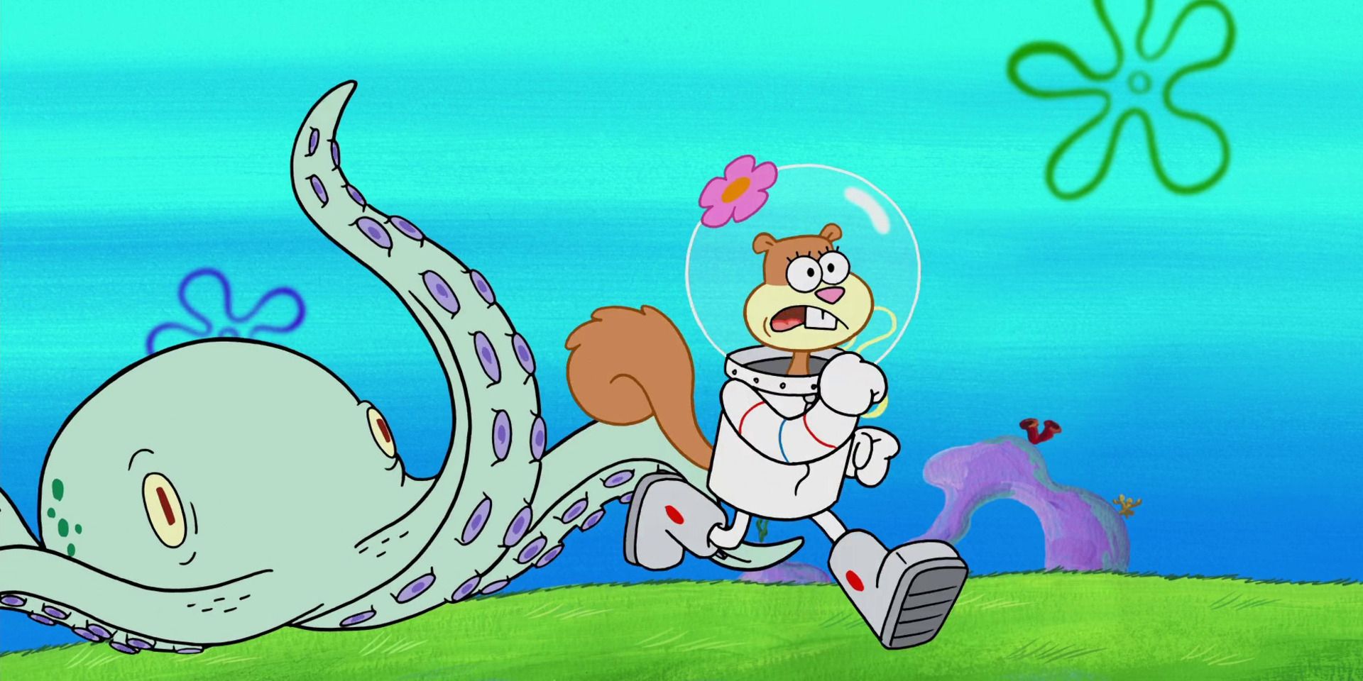 Sandy melarikan diri dari Squidward liar di episode SpongeBob 