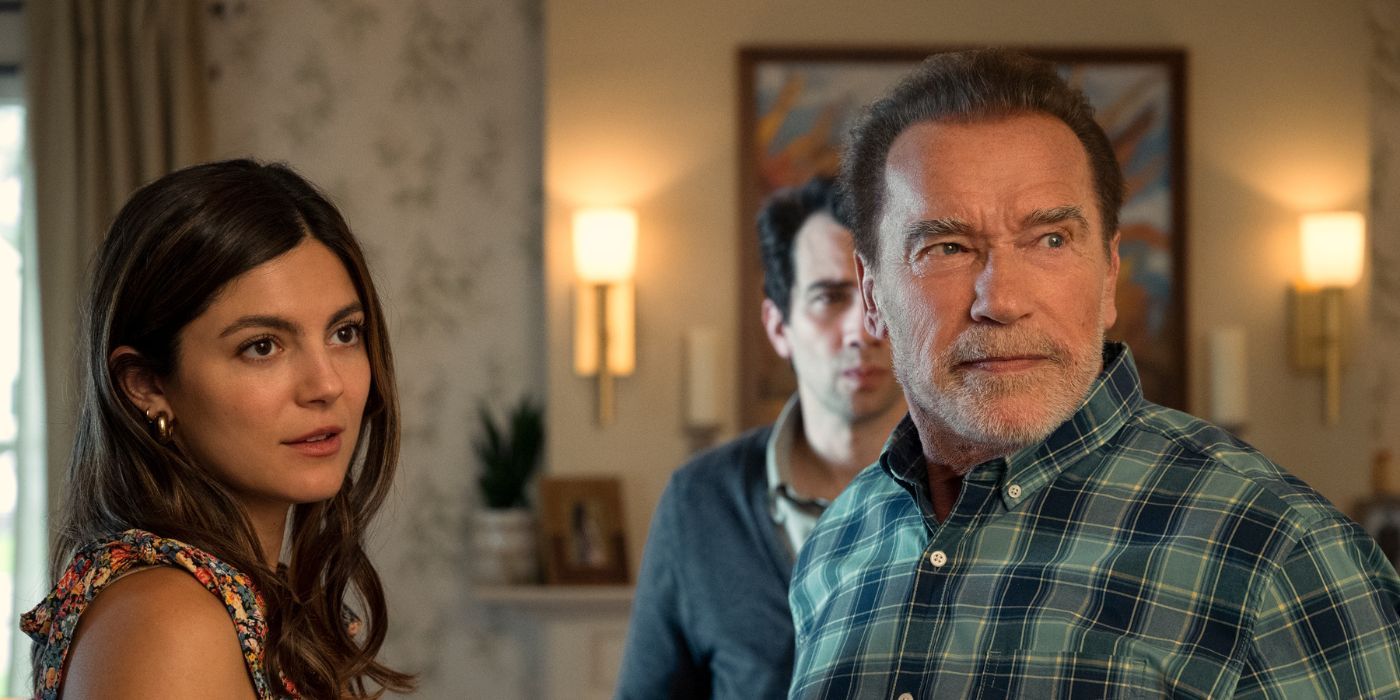 Arnold Schwarzenegger, Monica Barbaro, and Jay Baruchel as Luke, Emma, and Carter in FUBAR