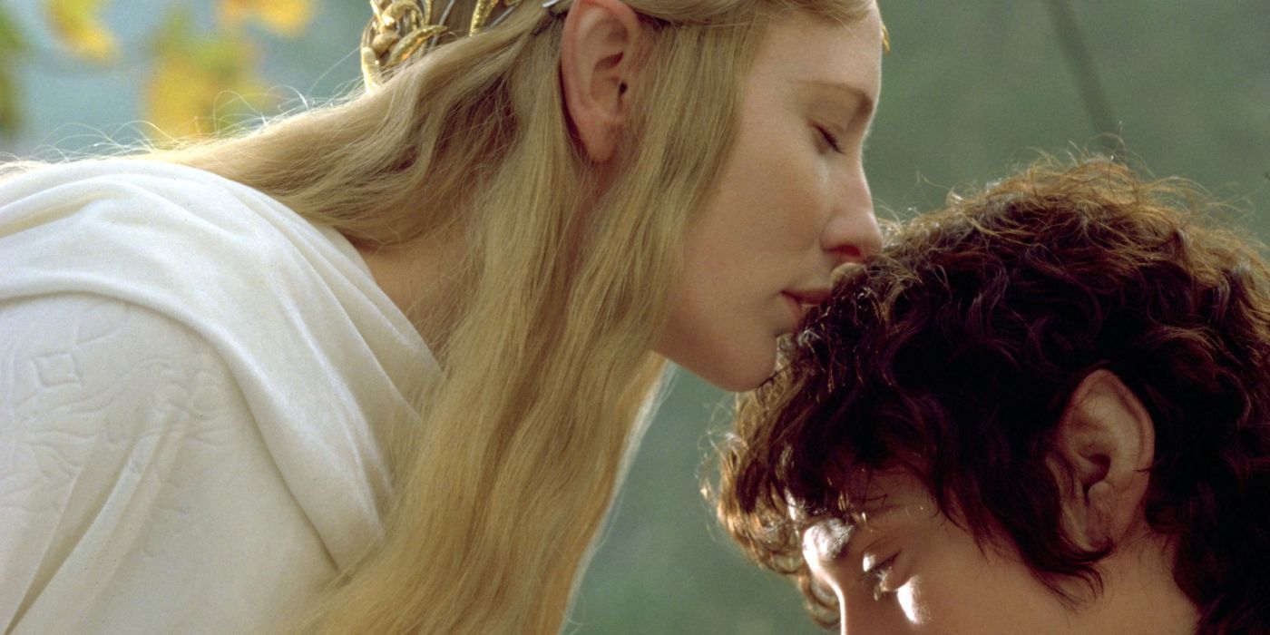 Galadriel kissing Frodo's hair in The Lord of the Rings The Fellowship Of The Ring