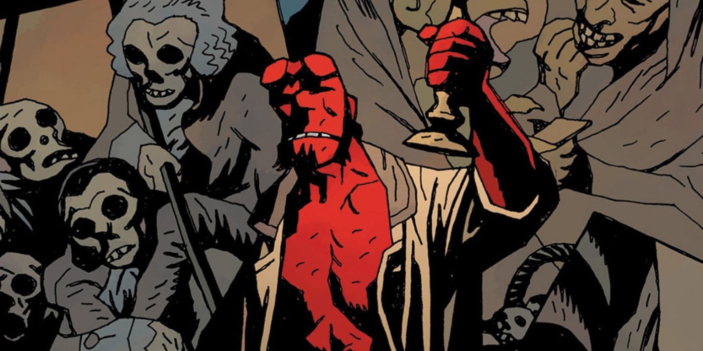 Hellboy berjalan melewati kerumunan mayat