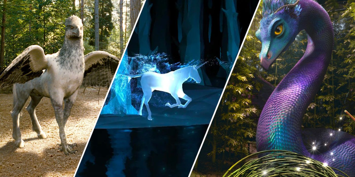 Hippogriff from Harry Potter and the Prisoner of Azkaban, Unicorn Patronus from Pottermore, and Occamy from Fantastic Beasts VR