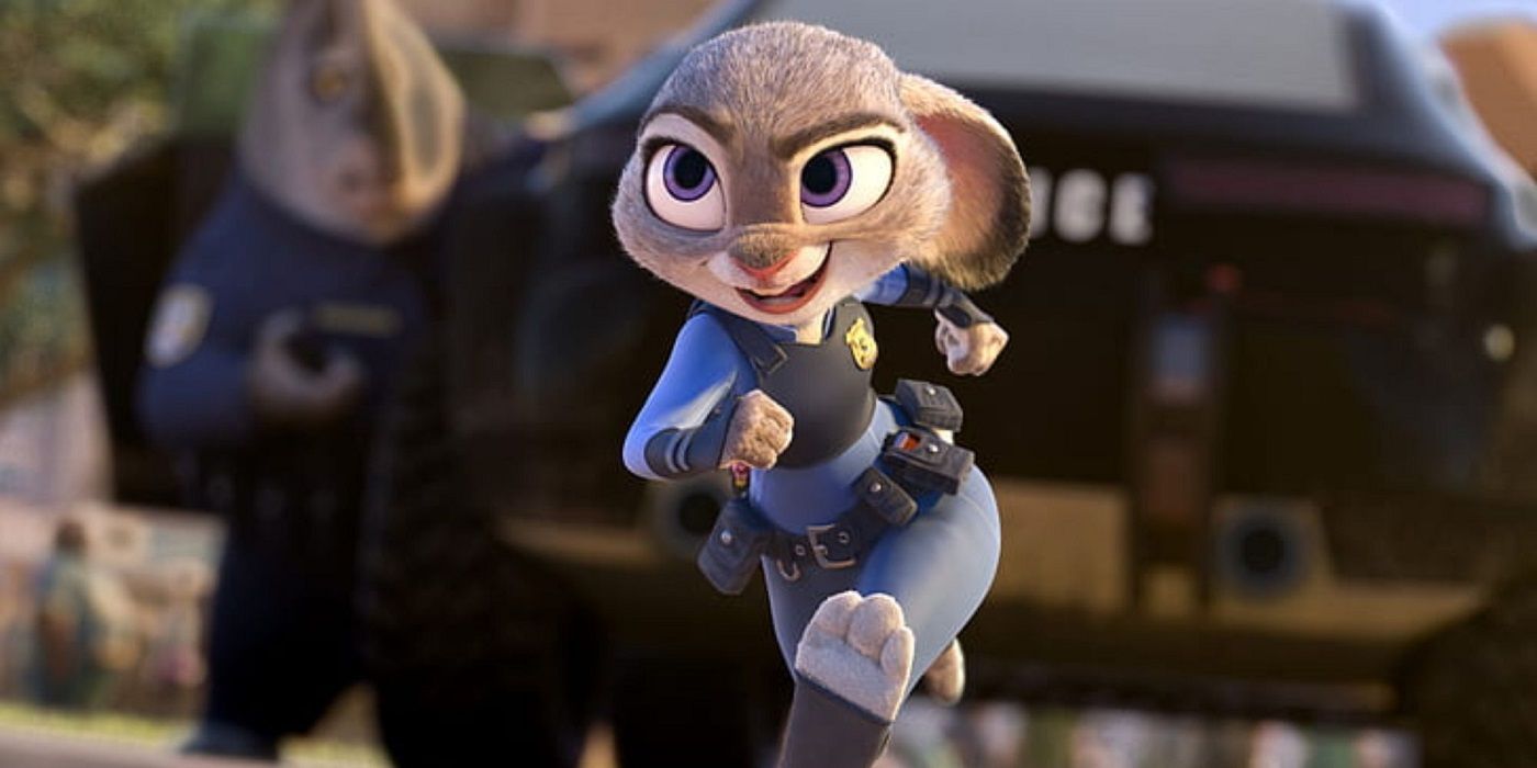 Judy Hopps running confidently and smiling in Zootopia