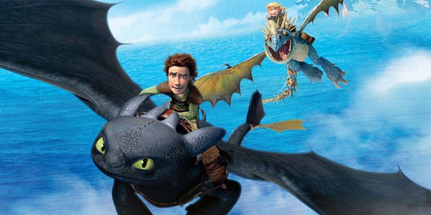 Hiccup riding Toothless and Astrid riding Stormfly in a promotional image for How to Train Your Dragon