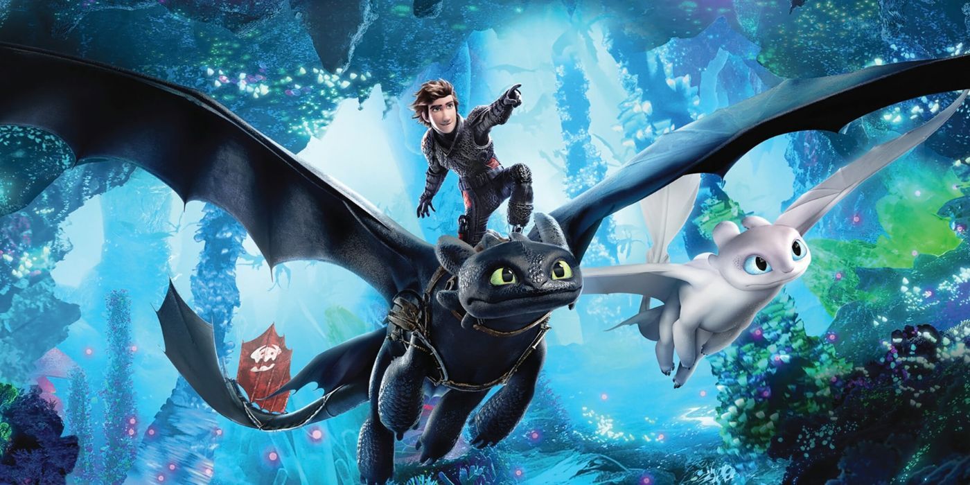 Hiccup, Toothless, and Light Fury in a promotional image for How To Train Your Dragon: The Hidden World 