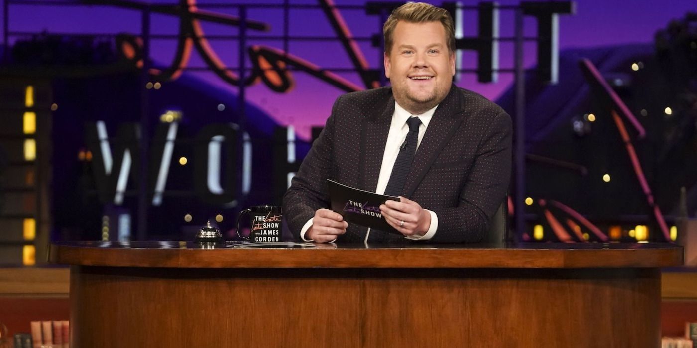 James Corden sitting at the desk on the Late Late Show